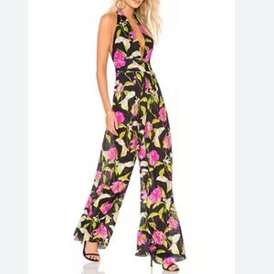milly silk halter jumpsuit in multi large calla lily